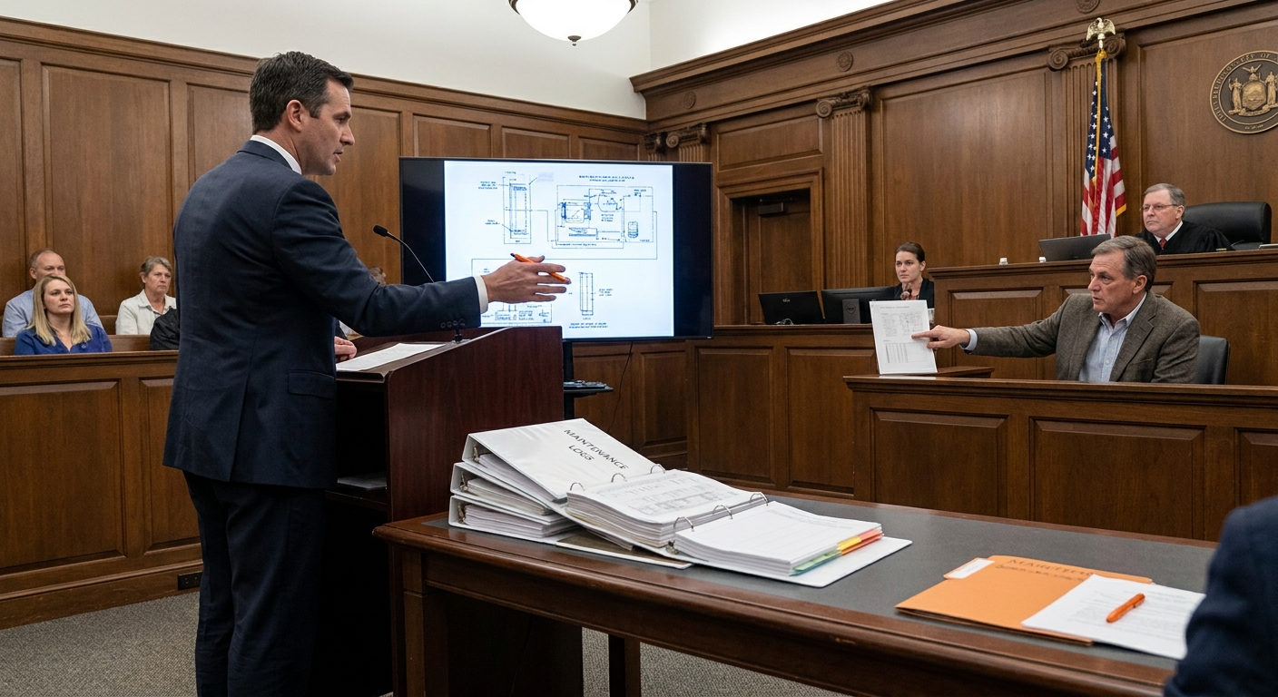 A photorealistic illustration of a courtroom scene where a maritime injury lawyer presents maintenance logs and expert testimony. Alt: legal consequences of maritime employer negligence