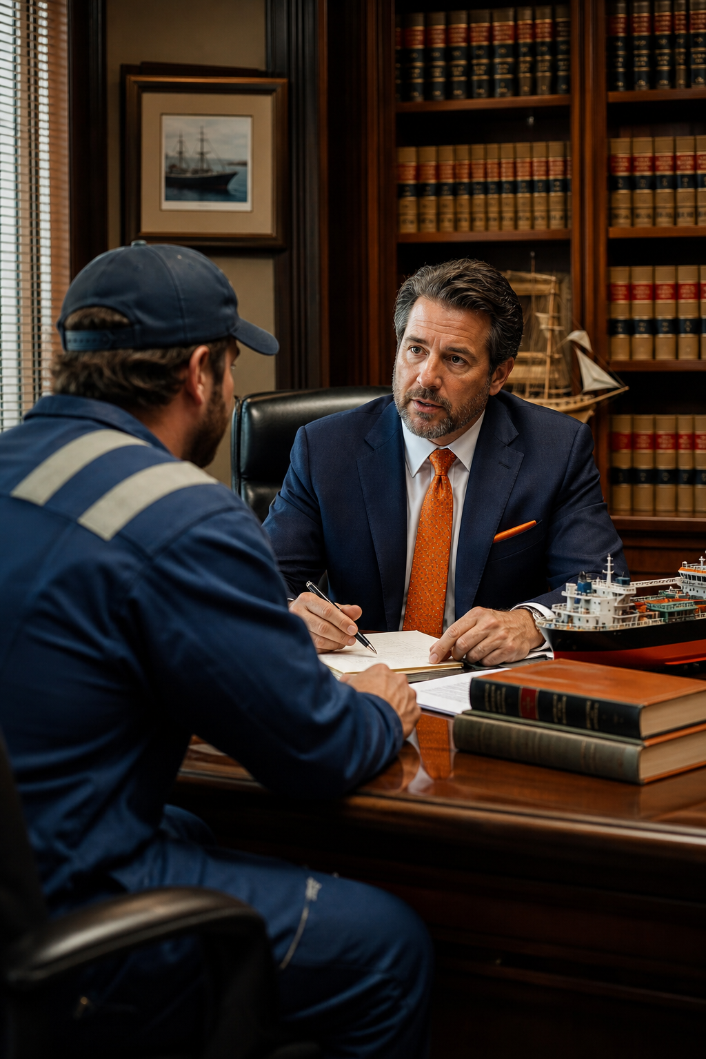 A photorealistic image of a maritime lawyer meeting with a deckhand in an office, with legal books and a model ship on the desk, warm lighting. Alt: Maritime injury legal consultation with a Jones Act attorney.