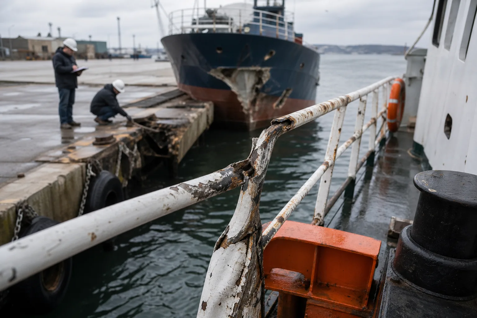 Vessel collision scene where maritime injury laws and liability are being investigated.