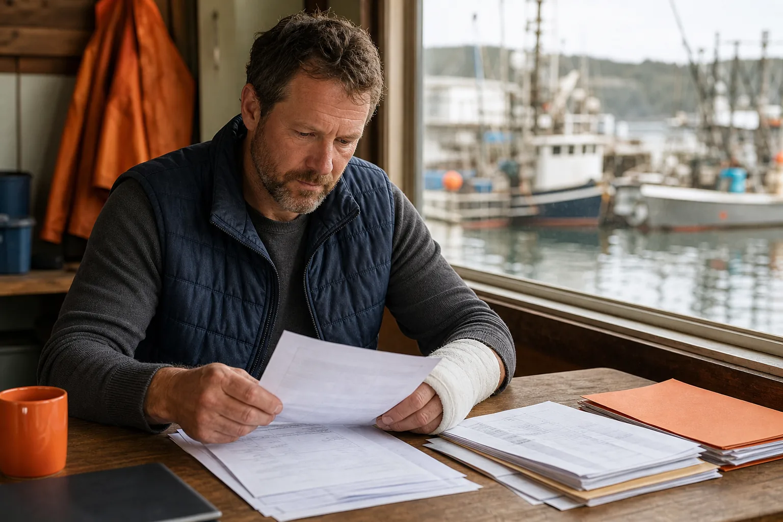 Fishing crew member organizing medical and wage records for an injury claim.