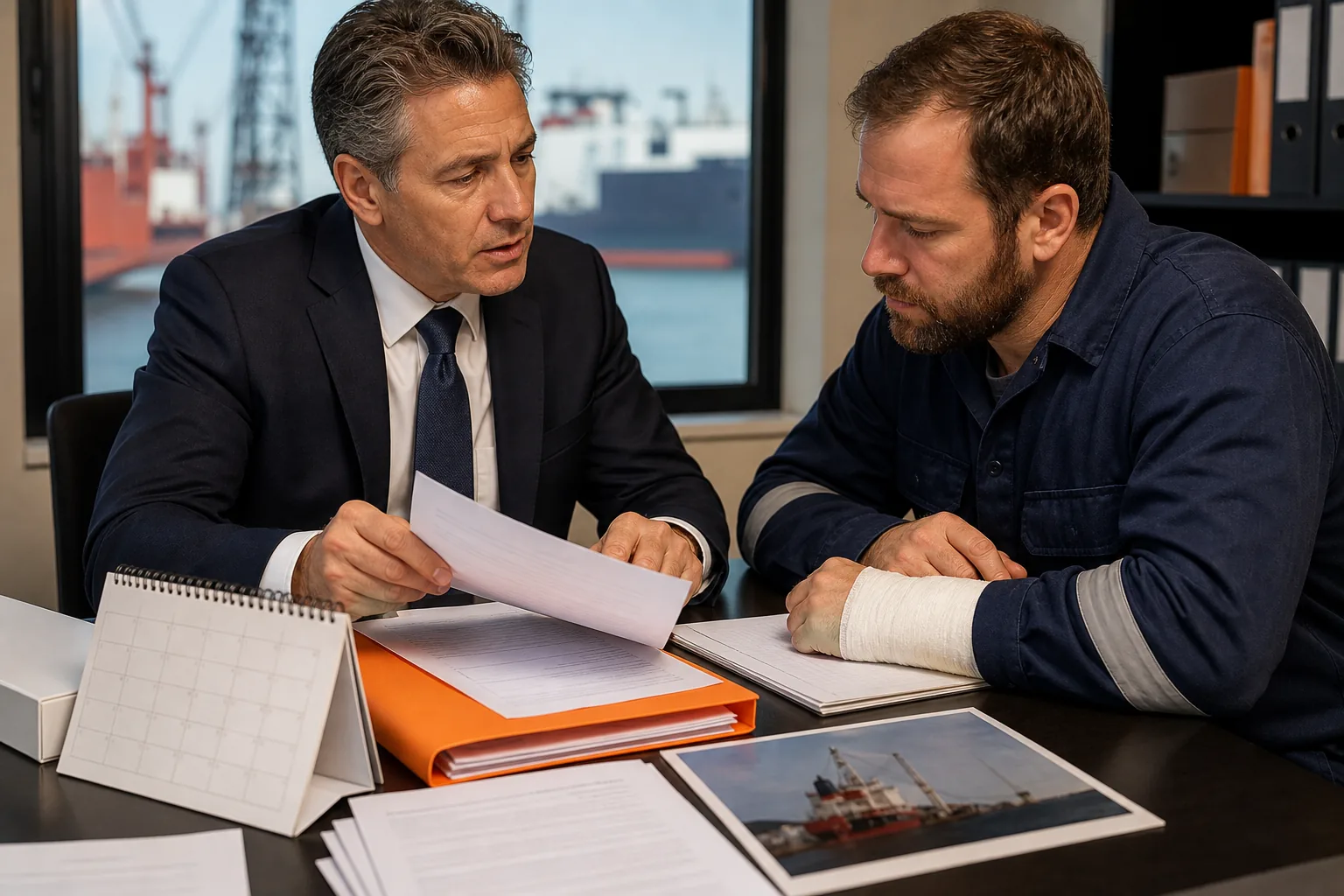 maritime injury lawyer reviewing compensation and filing deadlines