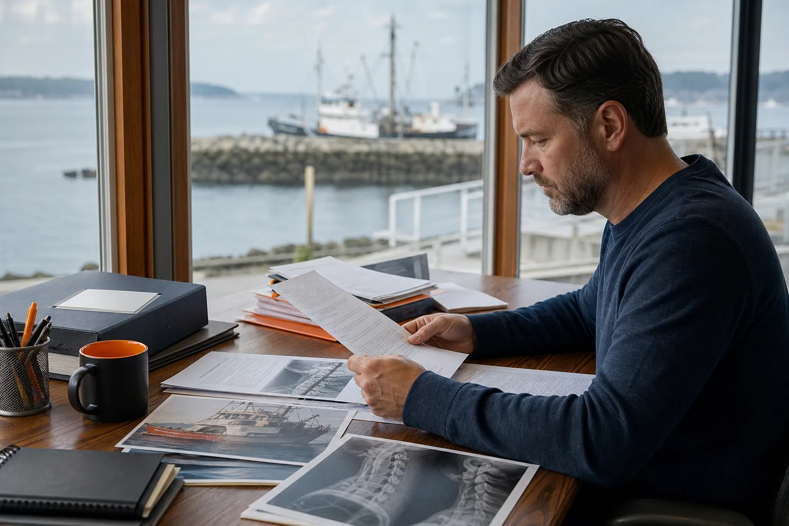 Maritime injury settlement demand documents and collision evidence under review.
