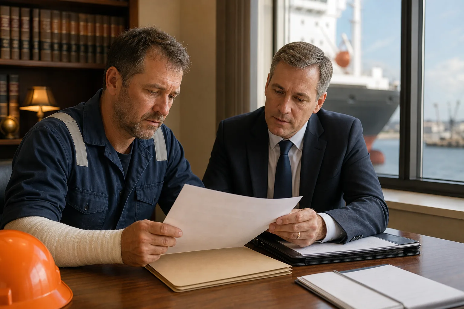 Crew member reviewing maritime injury claim documents with a lawyer.