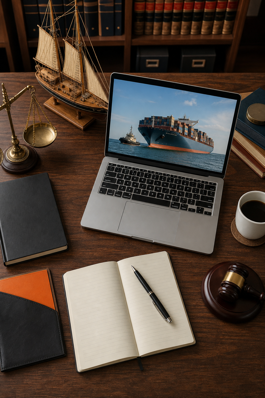 A photorealistic top-down view of a lawyer's desk with a laptop showing a maritime law website, a cup of coffee, and a model ship. Alt: Maritime attorney workspace with digital legal resources.