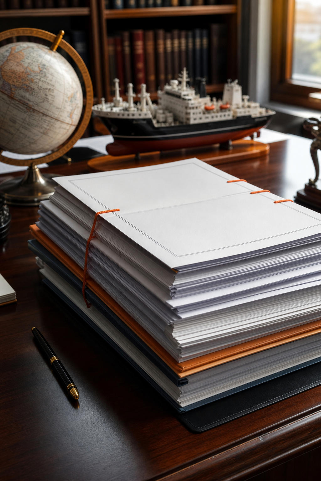 A photorealistic image of a stack of international treaty documents with a globe and a ship model on a lawyer's desk. Alt: International maritime conventions and legal documents.