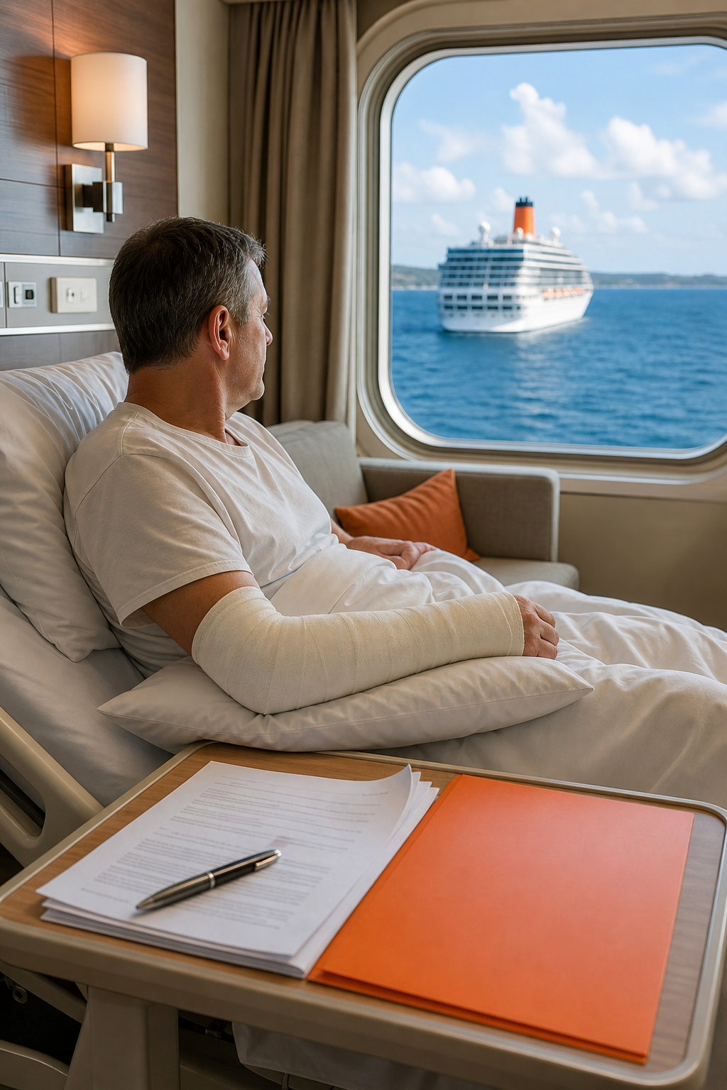 A photorealistic illustration of a passenger in a hospital bed with a cruise ship view through a window, paperwork on the bedside table. Alt: cruise passenger injury claim documentation