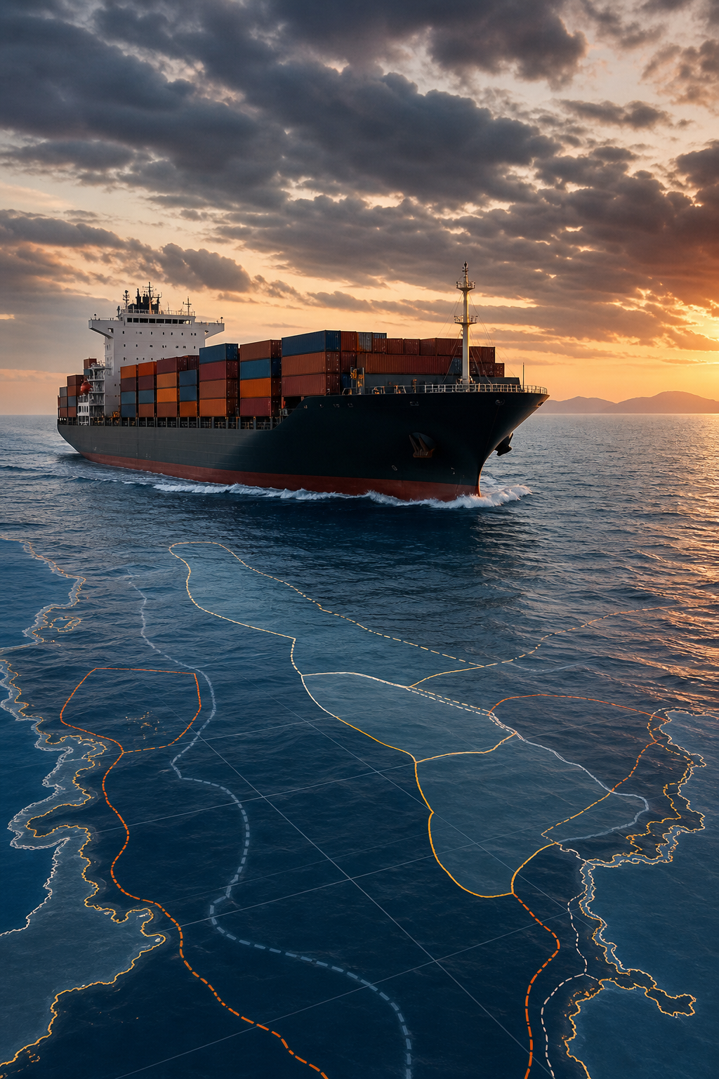 A photorealistic image of a modern container ship crossing the ocean under a dramatic sky, with a map overlay showing maritime boundaries and exclusive economic zones. Alt: Modern maritime commerce under UNCLOS jurisdiction.