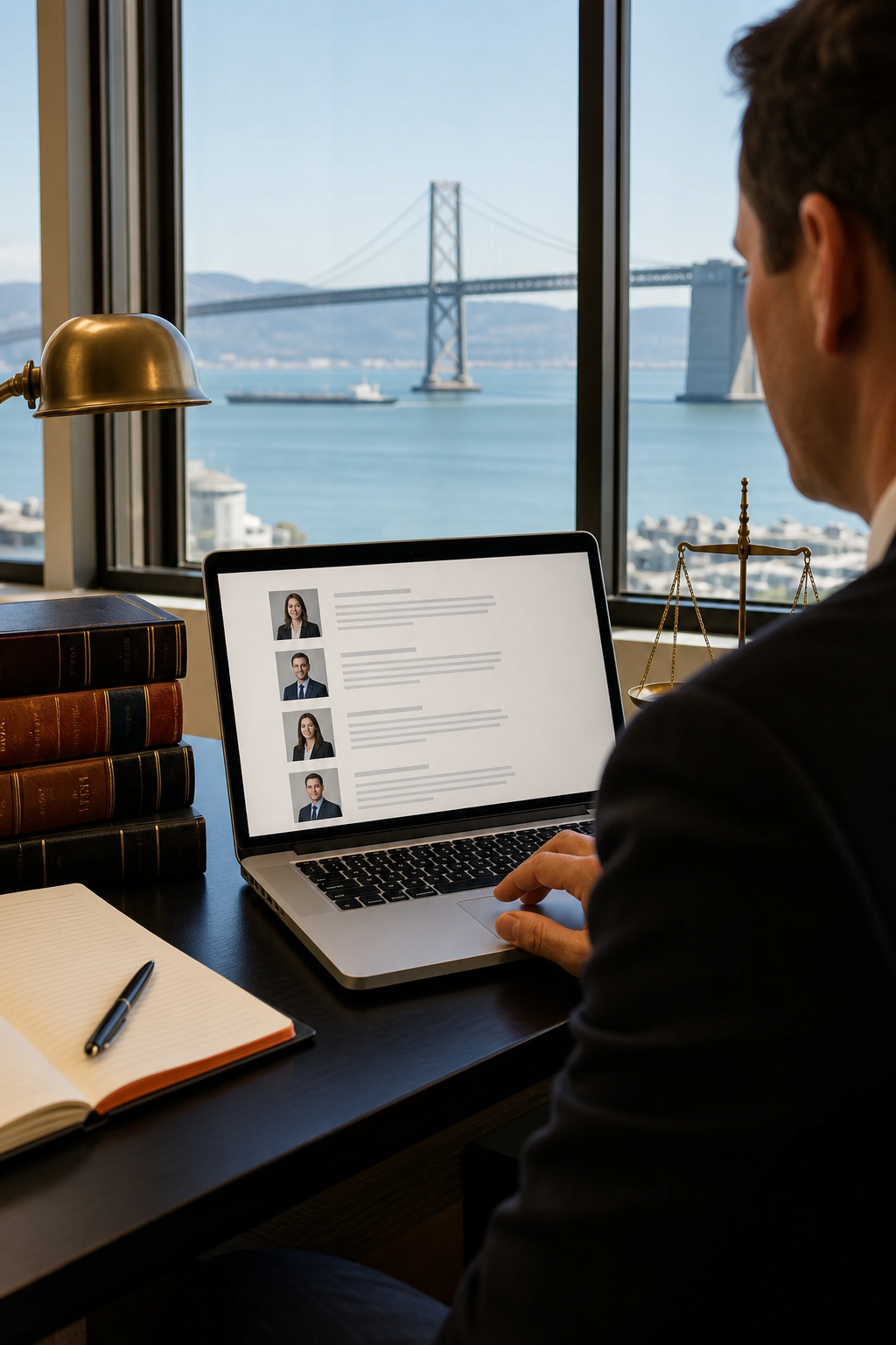 A photorealistic shot of a person at a desk in a California law office, looking at a laptop screen showing a directory of maritime attorneys, with legal books and a view of the bay through a window behind them. Alt: searching for qualified maritime attorney California online.