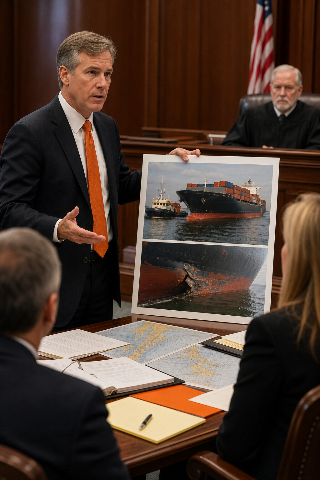 A photorealistic courtroom scene with a maritime lawyer presenting evidence about a ship collision, showing charts and documents on a table. Alt: handling maritime lawsuit