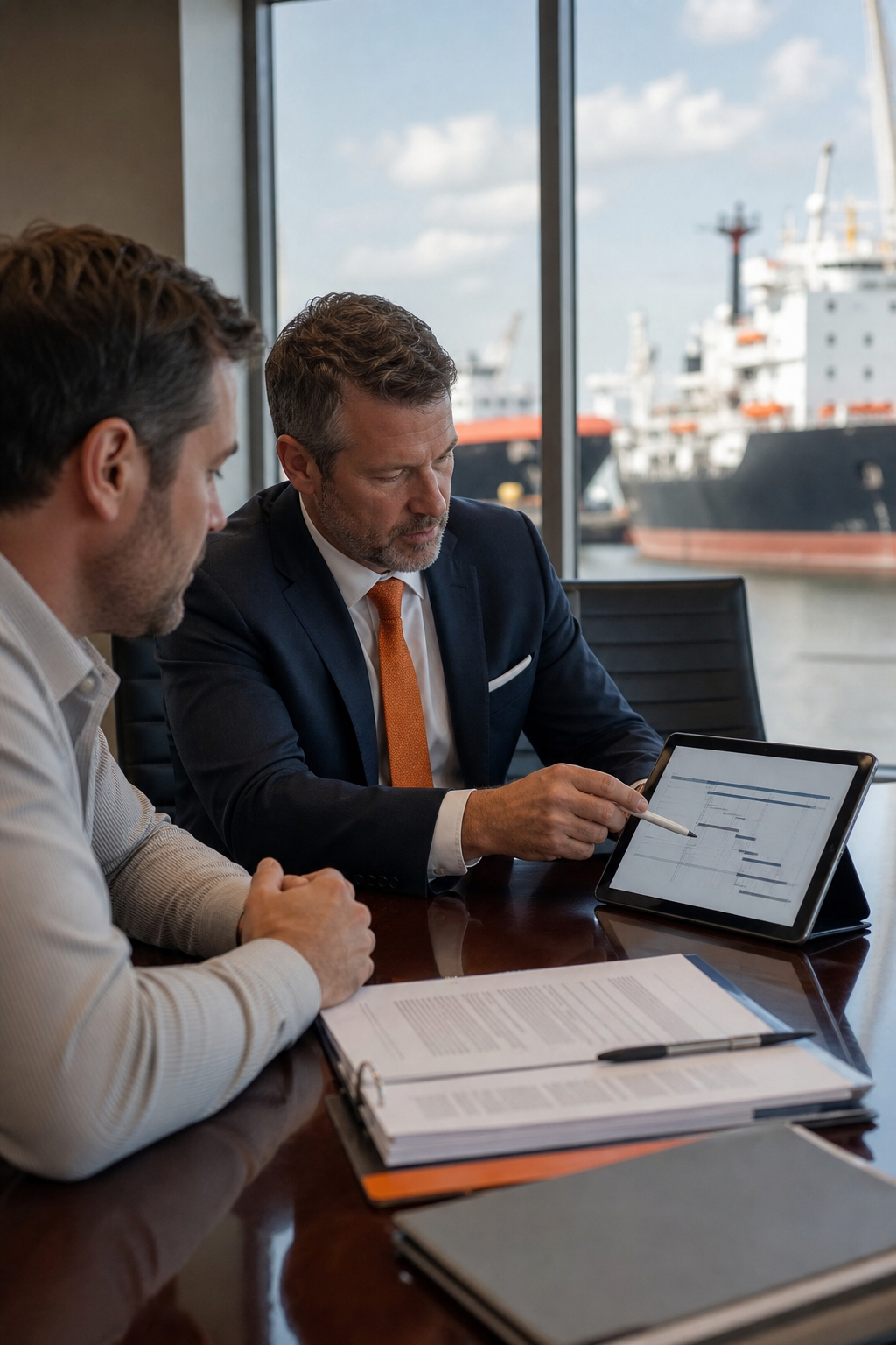 A photorealistic image of a lawyer and client sitting at a conference table, reviewing maritime contracts and a tablet showing a case timeline. Alt: Maritime lawyer consultation in Texas