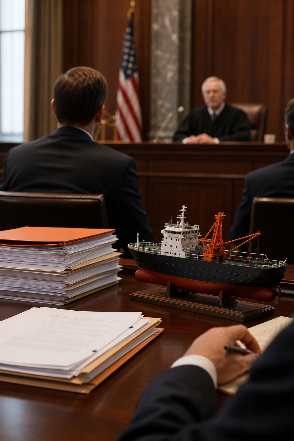 A photorealistic image of a court hearing with admiralty law documents and a model ship on a table, symbolizing the salvage claim process. Alt: Admiralty court determining salvage award.