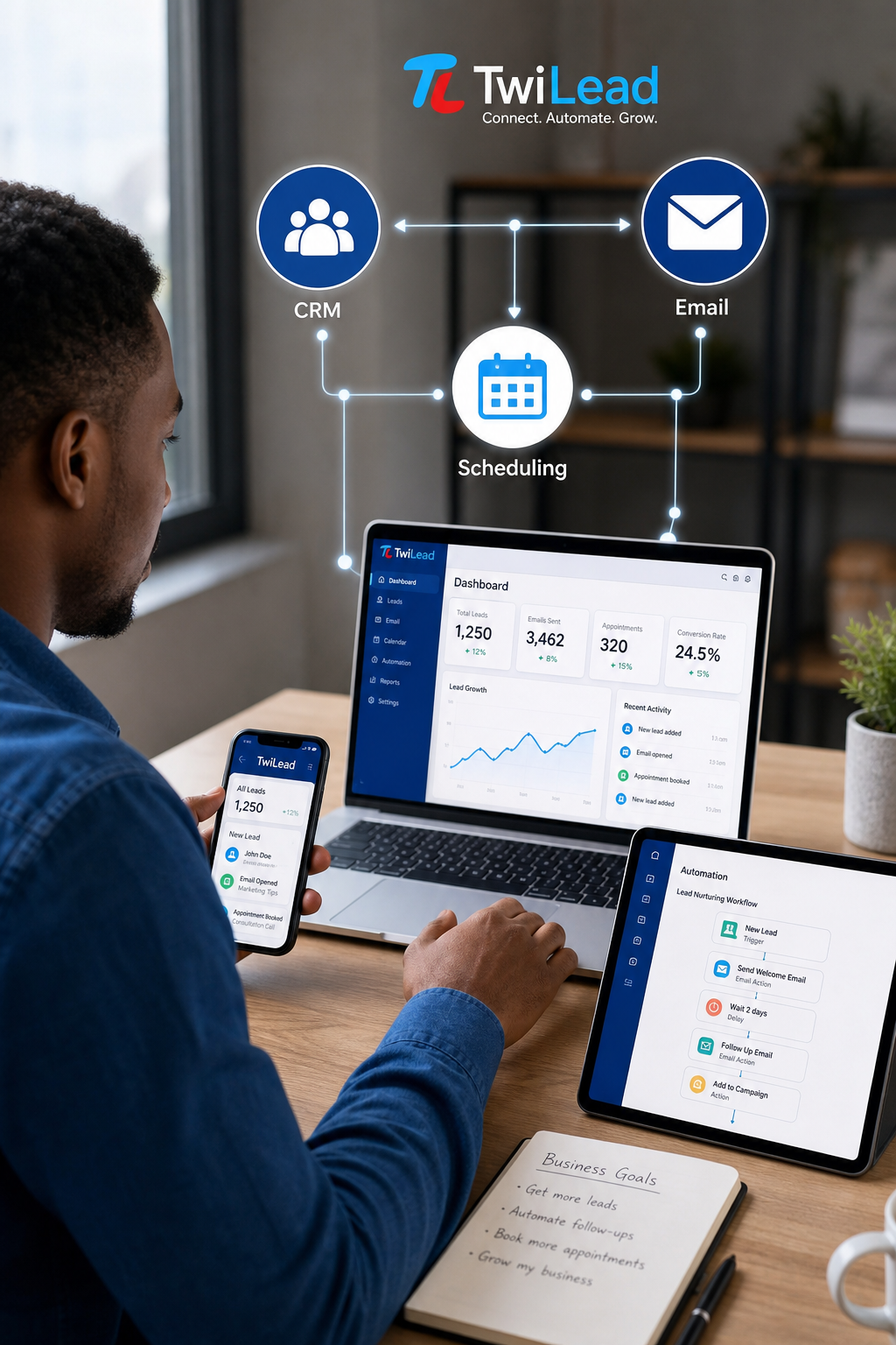 A photorealistic illustration of a small business owner sitting at a desk with multiple devices (laptop, tablet, phone) showing connected icons representing CRM, email, and scheduling tools, with arrows between them indicating integration. Alt: business tools connected via marketing automation CRM integration