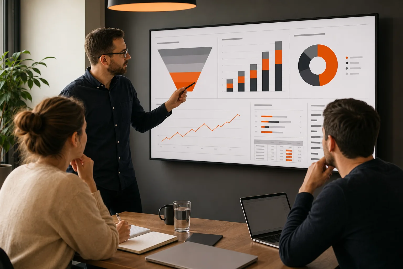 marketing performance dashboard showing funnel, attribution, spend, and revenue