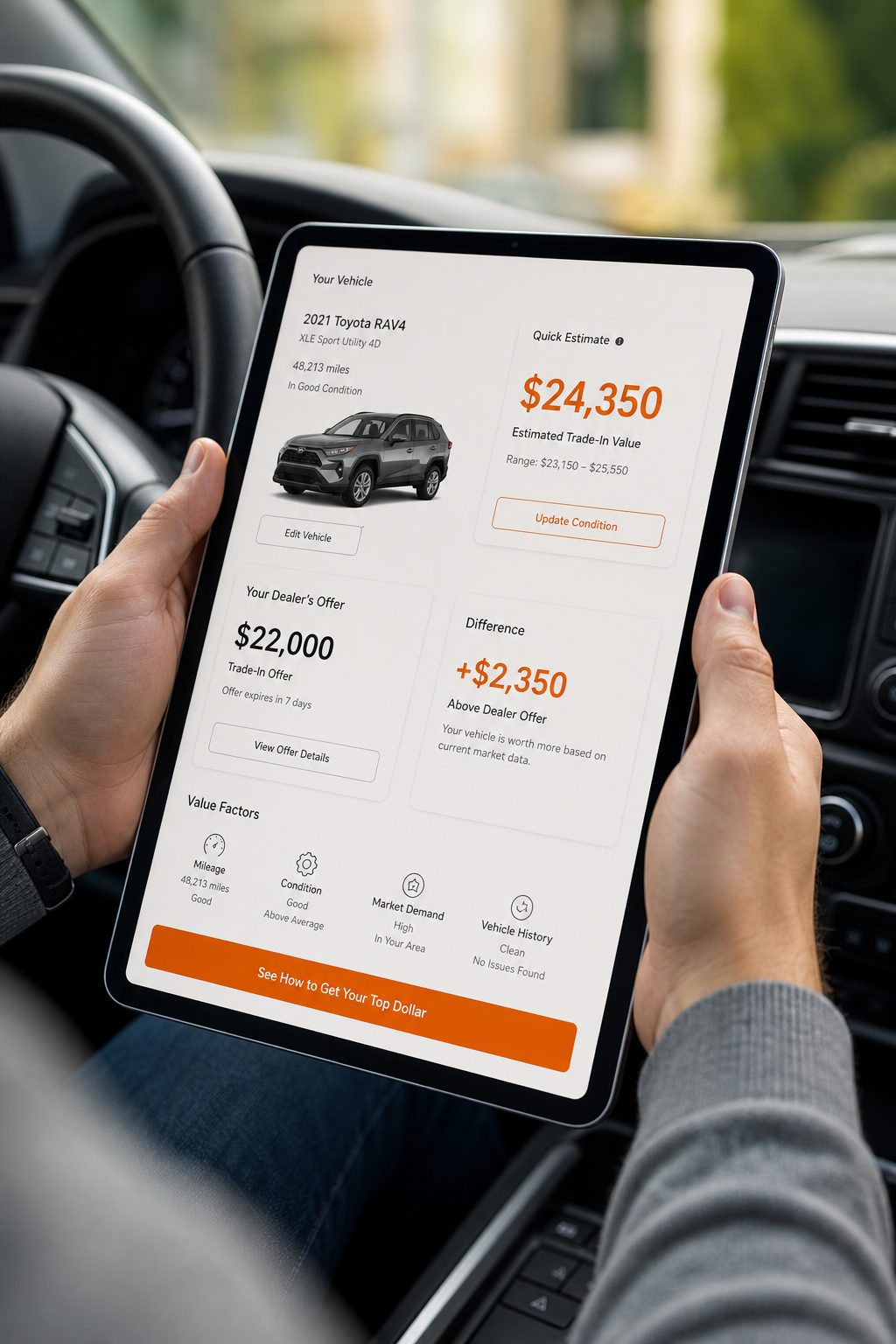 A photo of a car‑trade app on a tablet showing a quick value estimate against a dealership quote. Alt: Quick trade‑in price comparison.