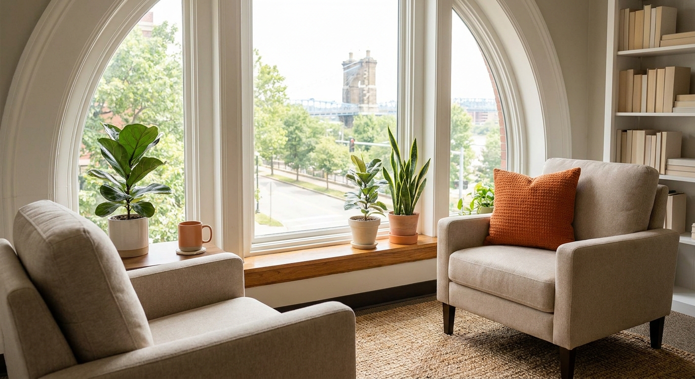 A photorealistic scene of a calm, sunlit therapy office in Cincinnati with two comfortable chairs facing each other and a warm orange accent throw pillow, plants by a large window. Alt: couples therapy session room for marriage counseling Cincinnati.