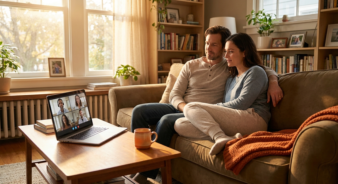 A photorealistic scene of a couple sitting together on a couch at home looking at a laptop on a coffee table during a video therapy session, warm natural light, cozy living room. Alt: online couples counseling and telehealth marriage counseling Cincinnati.