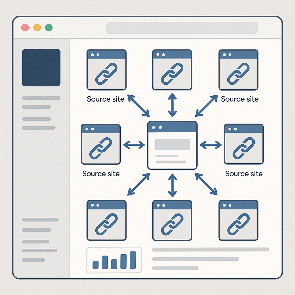 AI-generated illustration of a software dashboard visualizing backlink networks, showing arrows from source sites to a central website. Alt: automated link building tool workflow diagram
