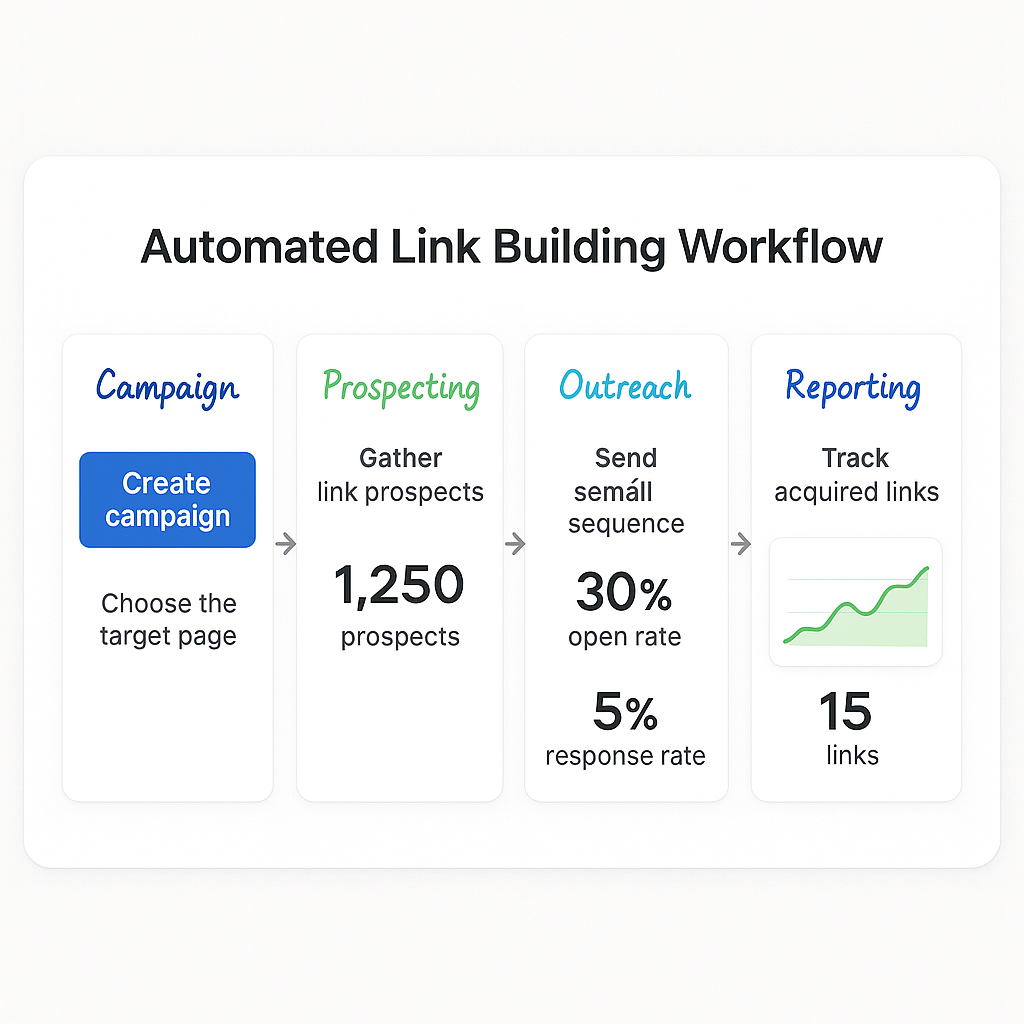 A screenshot of a dashboard showing the automated link building workflow, highlighting key steps and metrics. Alt: automated link building tool setup guide
