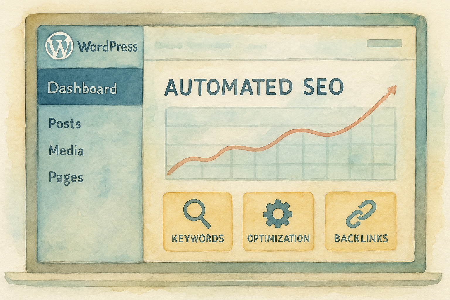 Illustration of a WordPress dashboard with SEO automation plugins active. Alt: Automated SEO interface on WordPress site dashboard.