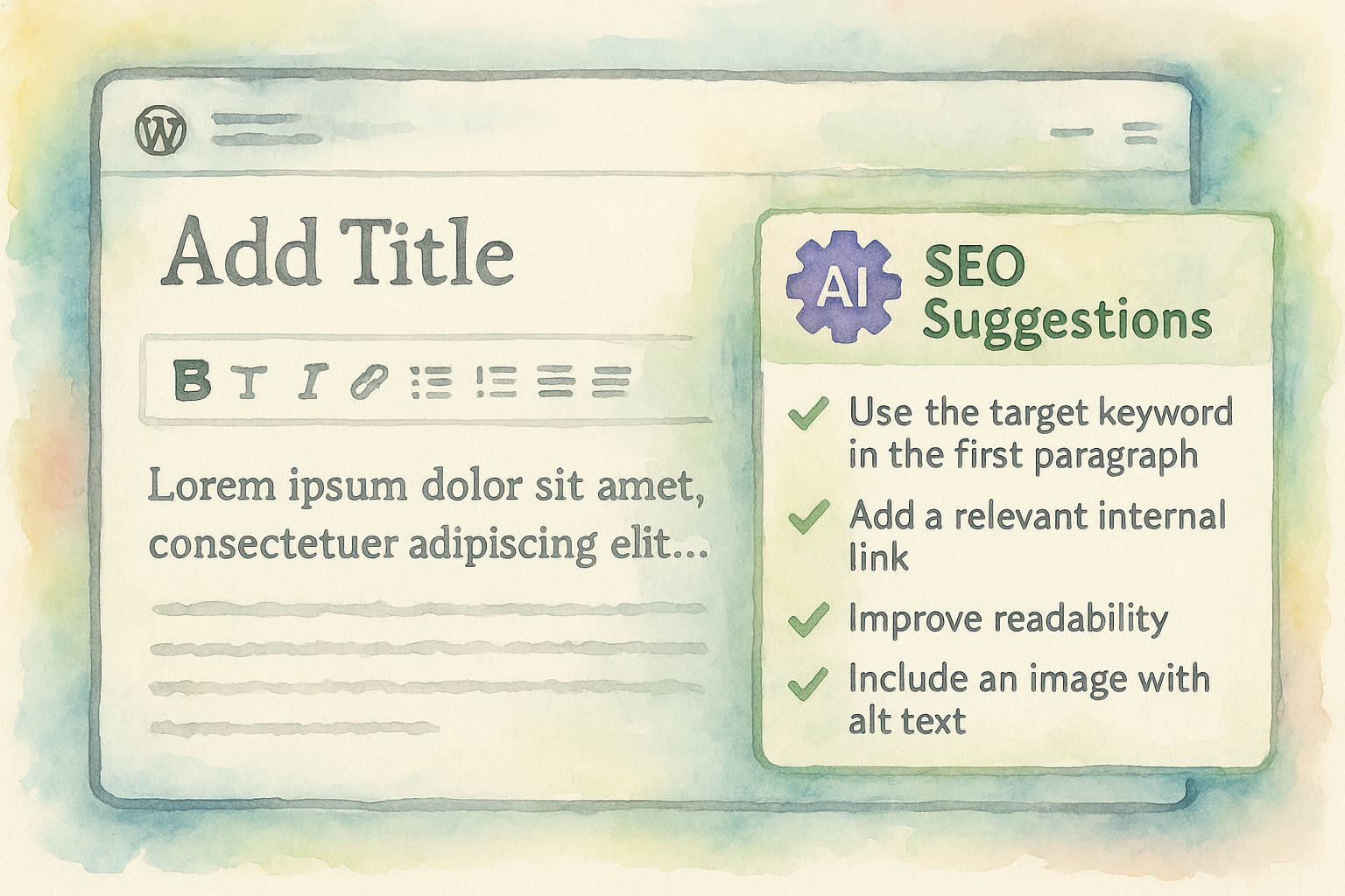 AI-generated SEO content suggestions on a WordPress post editor. Alt: AI-powered automated SEO suggestions for WordPress content.