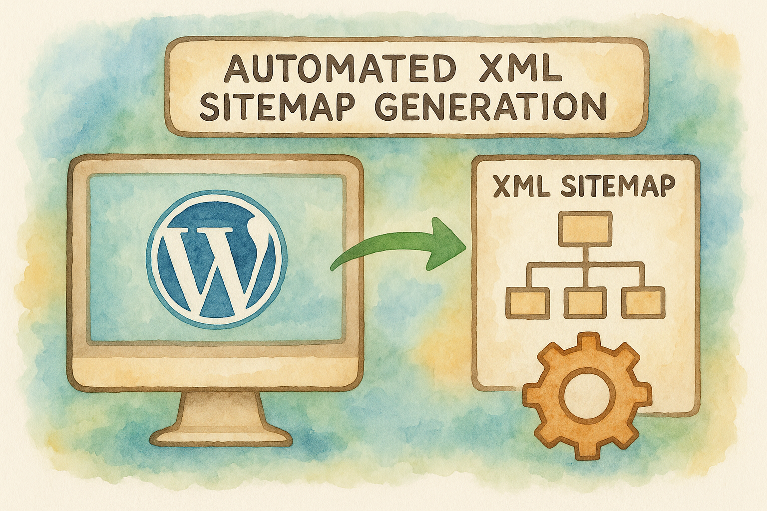 Illustration showing the automated XML sitemap creation process. Alt: Automated XML sitemap generation for WordPress SEO.