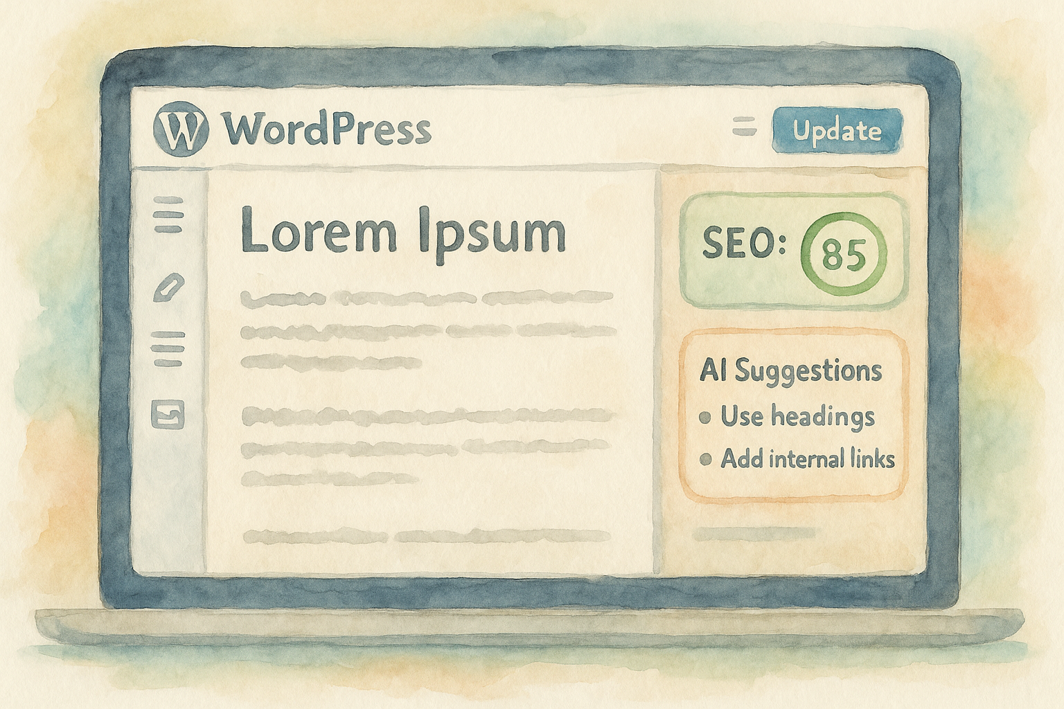 WordPress content editor showing live SEO score and AI optimization tips. Alt: Real-time automated SEO content optimization in WordPress.