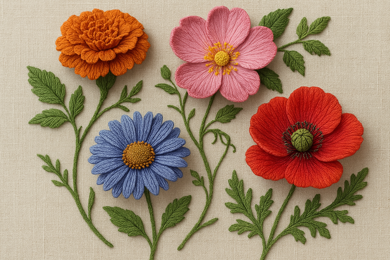 Intricately detailed embroidery flowers created using 3D stumpwork techniques. Alt: Fiber art online classes in 3D embroidery and stumpwork.