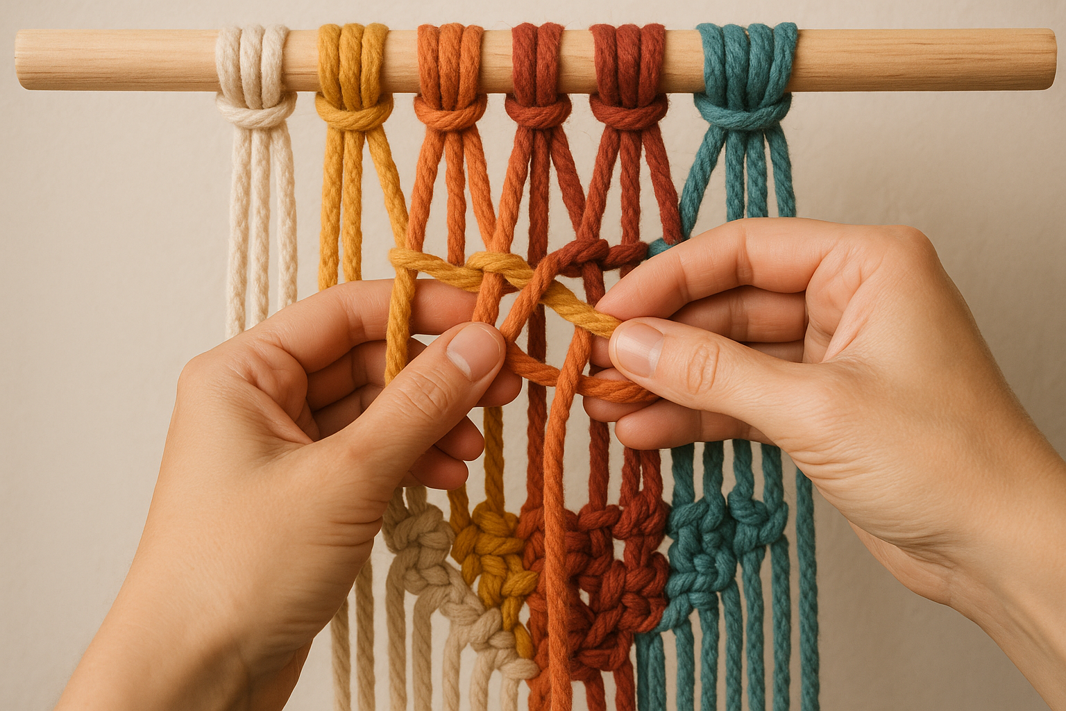 A close-up of hands knotting macramé cords with colorful yarns. Alt: Fiber art online classes teaching macramé knotting skills.