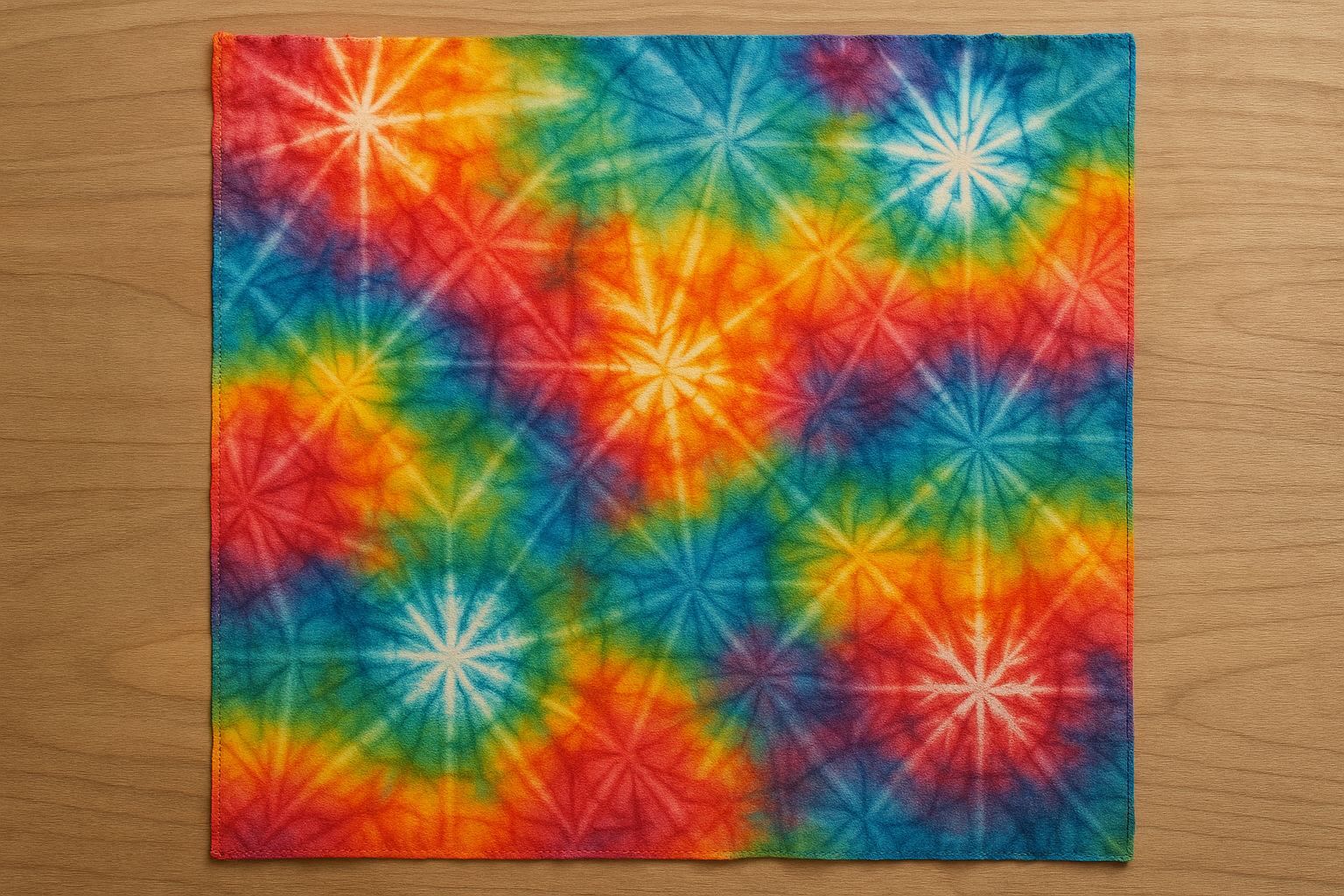 A colorful, hand-dyed fabric made using shibori techniques in an online fiber art class. Alt: Fiber art online classes teaching fabric dyeing and batik techniques.