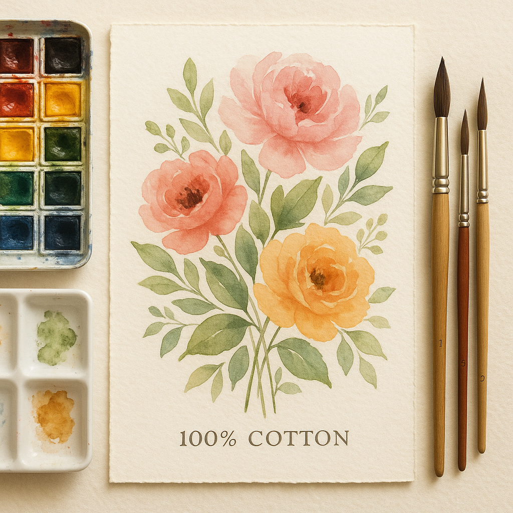 High-quality watercolor painting setup with brushes, paints, and 100% cotton paper focused on floral painting. Alt: Watercolor florals tutorial materials including brushes and paper.
