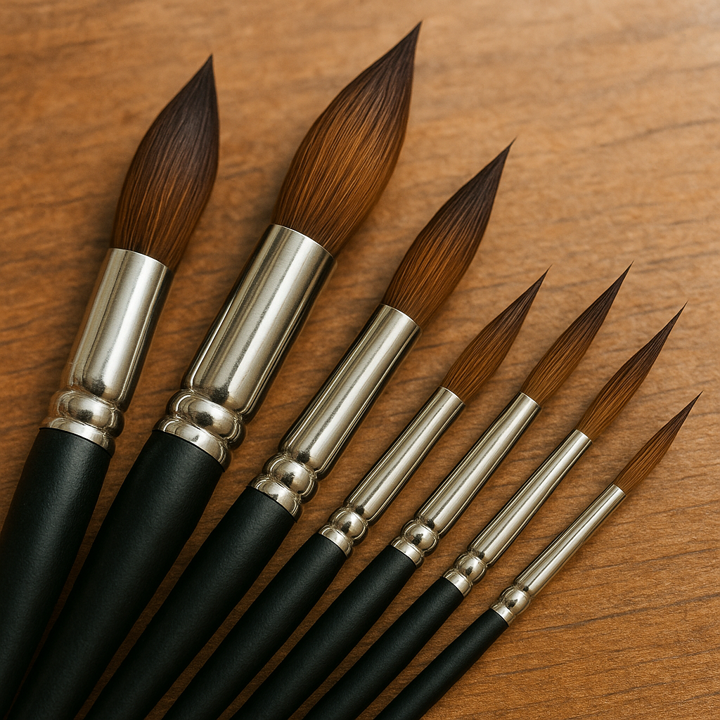 Close-up of various high-quality watercolor brushes fanned out on a wooden table. Alt: Best watercolor brushes for floral painting featured in a watercolor florals tutorial.