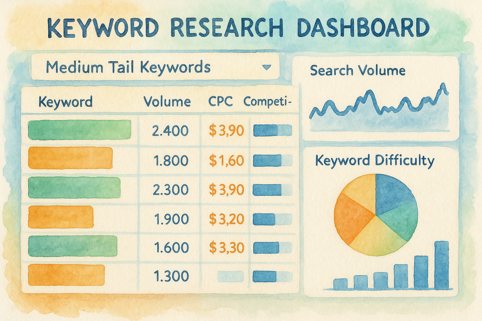 Keyword research dashboard showing medium tail keyword metrics