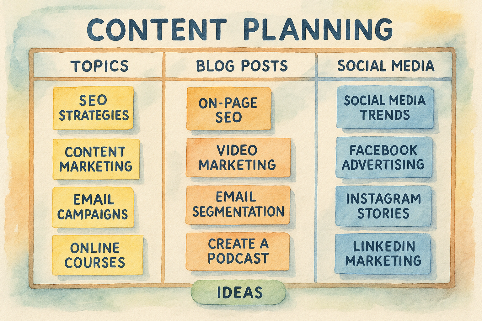 Content planning board with medium tail keywords