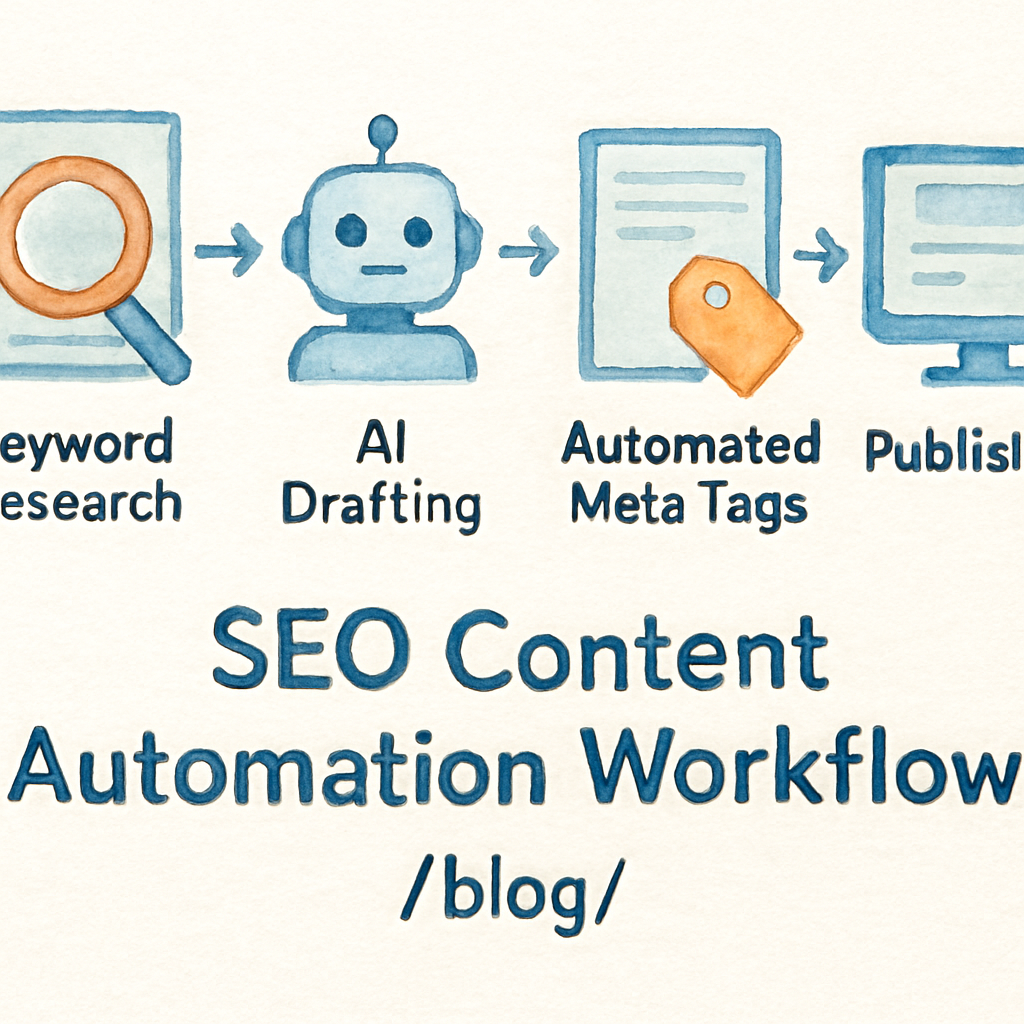 A sleek workflow diagram showing a content creation pipeline with icons for keyword research, AI drafting, automated meta tags, and publishing. Alt: seo content automation workflow diagram