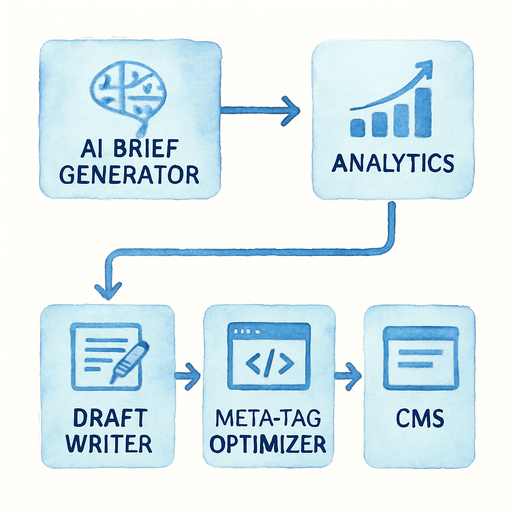 A sleek workflow diagram showing an AI brief generator feeding into a draft writer, then into a meta‑tag optimizer, and finally publishing to a CMS with analytics feedback loop. Alt: Diagram of automated SEO content production pipeline.