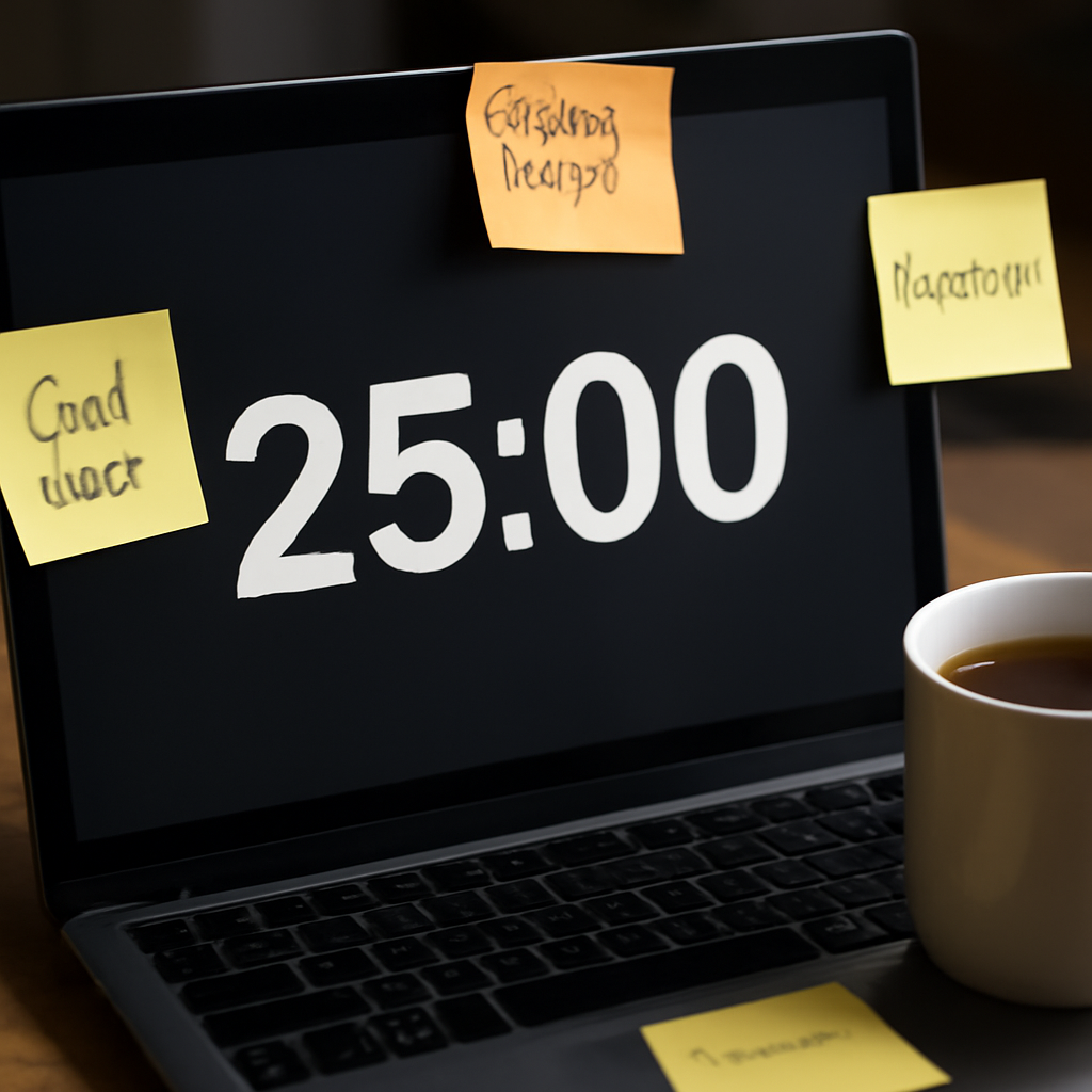 A close‑up of a laptop screen displaying a 25‑minute timer countdown, surrounded by sticky notes and a coffee mug. Alt: 25-minute timer on laptop screen