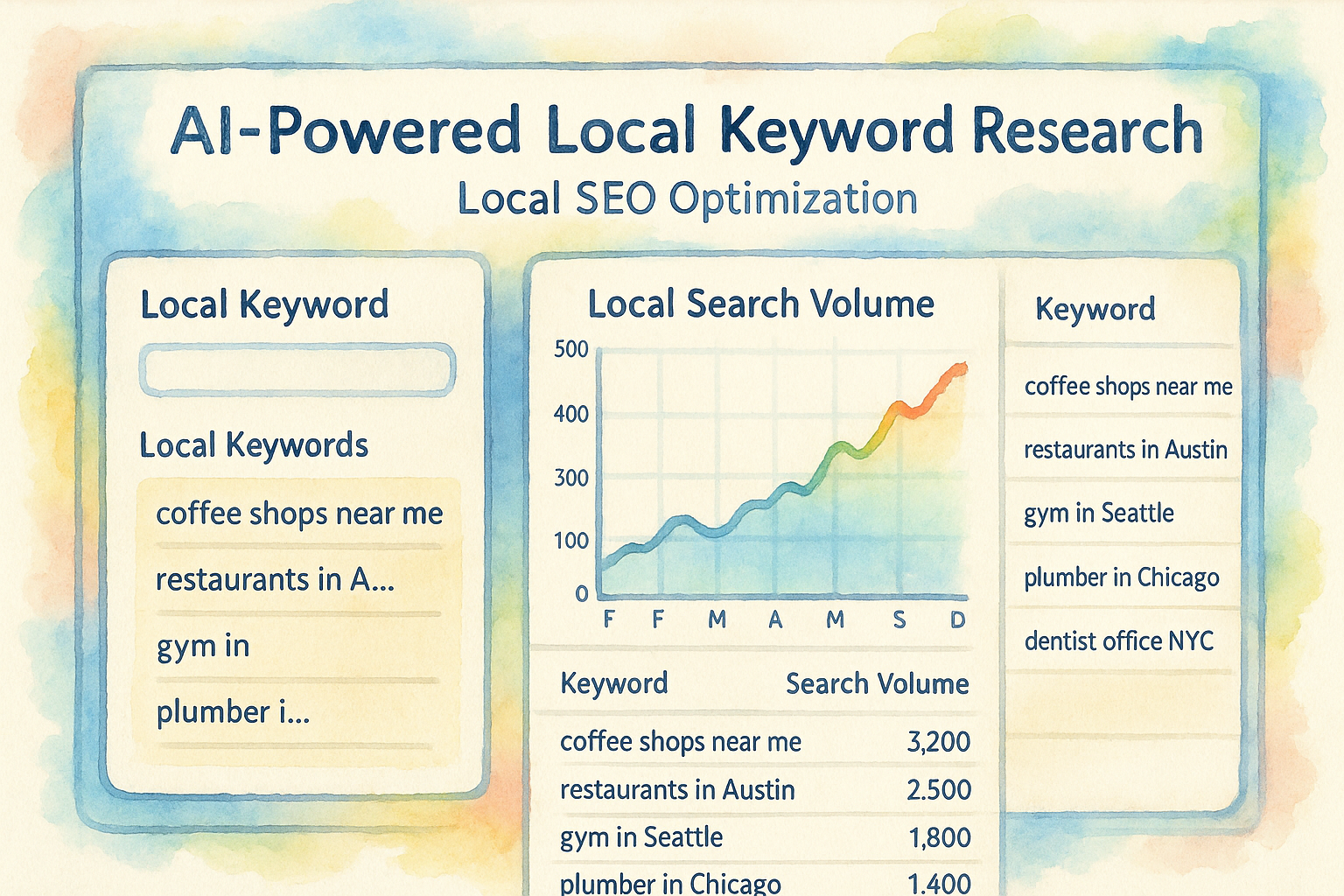 AI-powered local keyword research dashboard with graphs and keyword lists. Alt: AI powered local SEO optimization keyword research interface showing local search terms and search volumes.