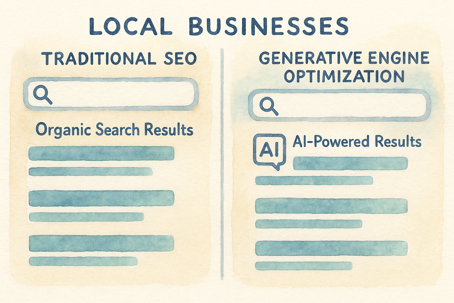 A diagram showing traditional SEO vs generative engine optimization for local businesses. Alt: Illustration of AI powered local SEO optimization comparing organic and AI-driven search results.