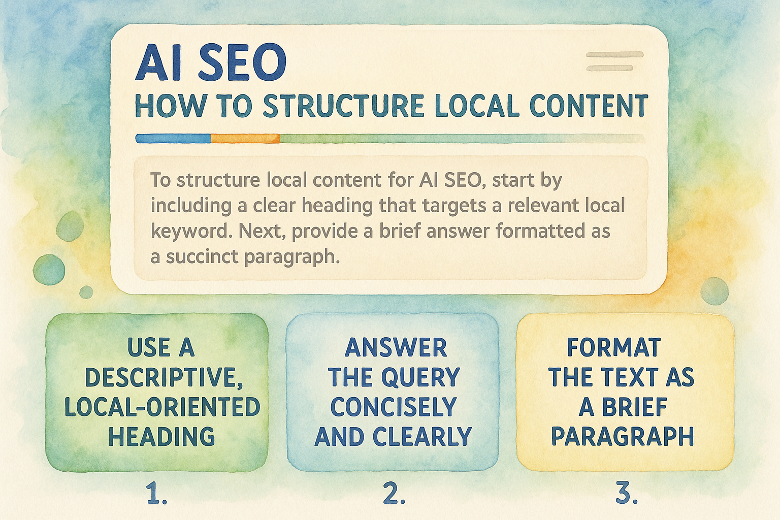Infographic showing how to structure local content for AI SEO with a featured snippet at the top. Alt: AI powered local SEO optimization local content structure infographic showing snippet formatting tips.