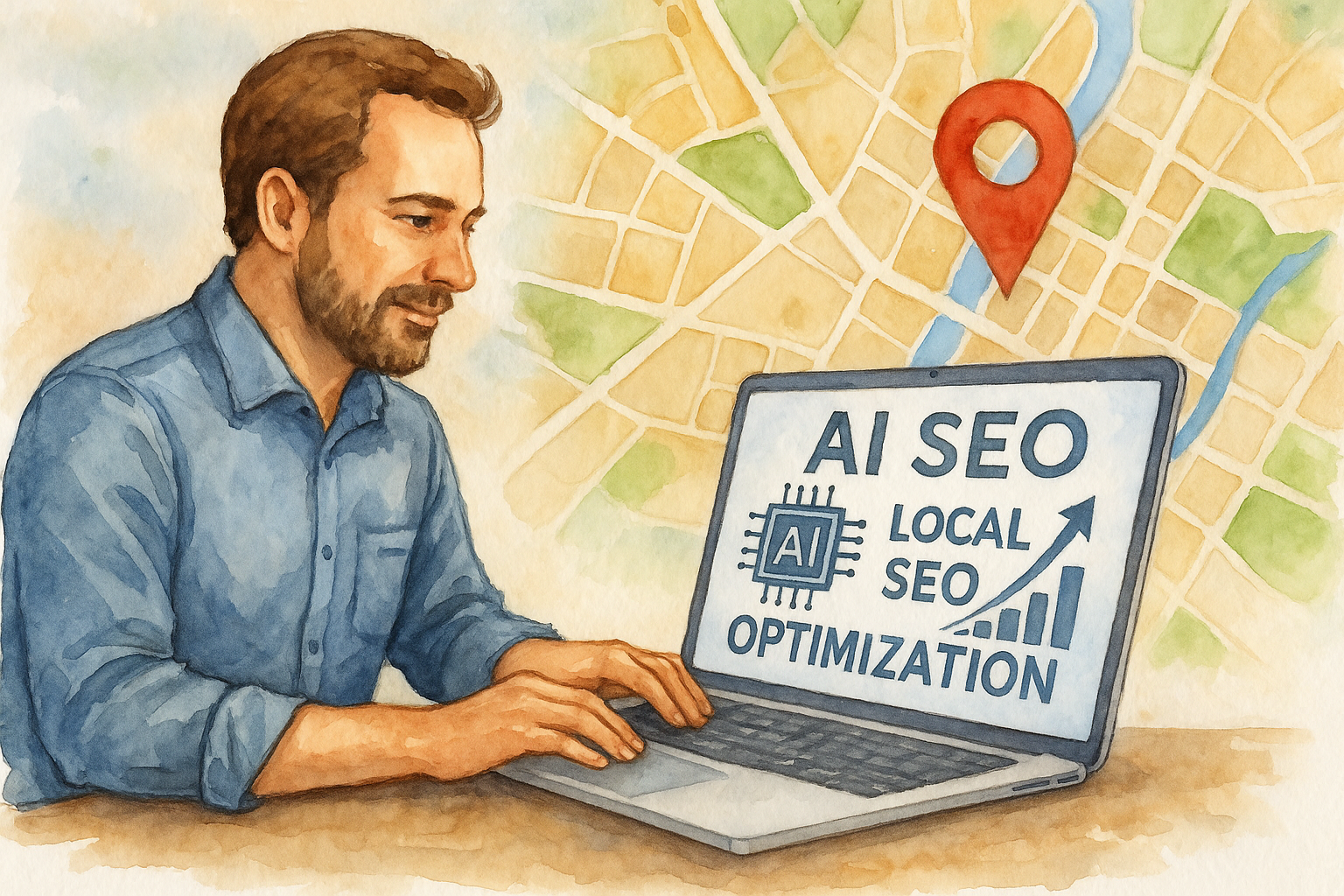 Local business owner using AI powered SEO tools on laptop with city map in background. Alt: AI powered local SEO optimization for local businesses increasing visibility in maps and search.