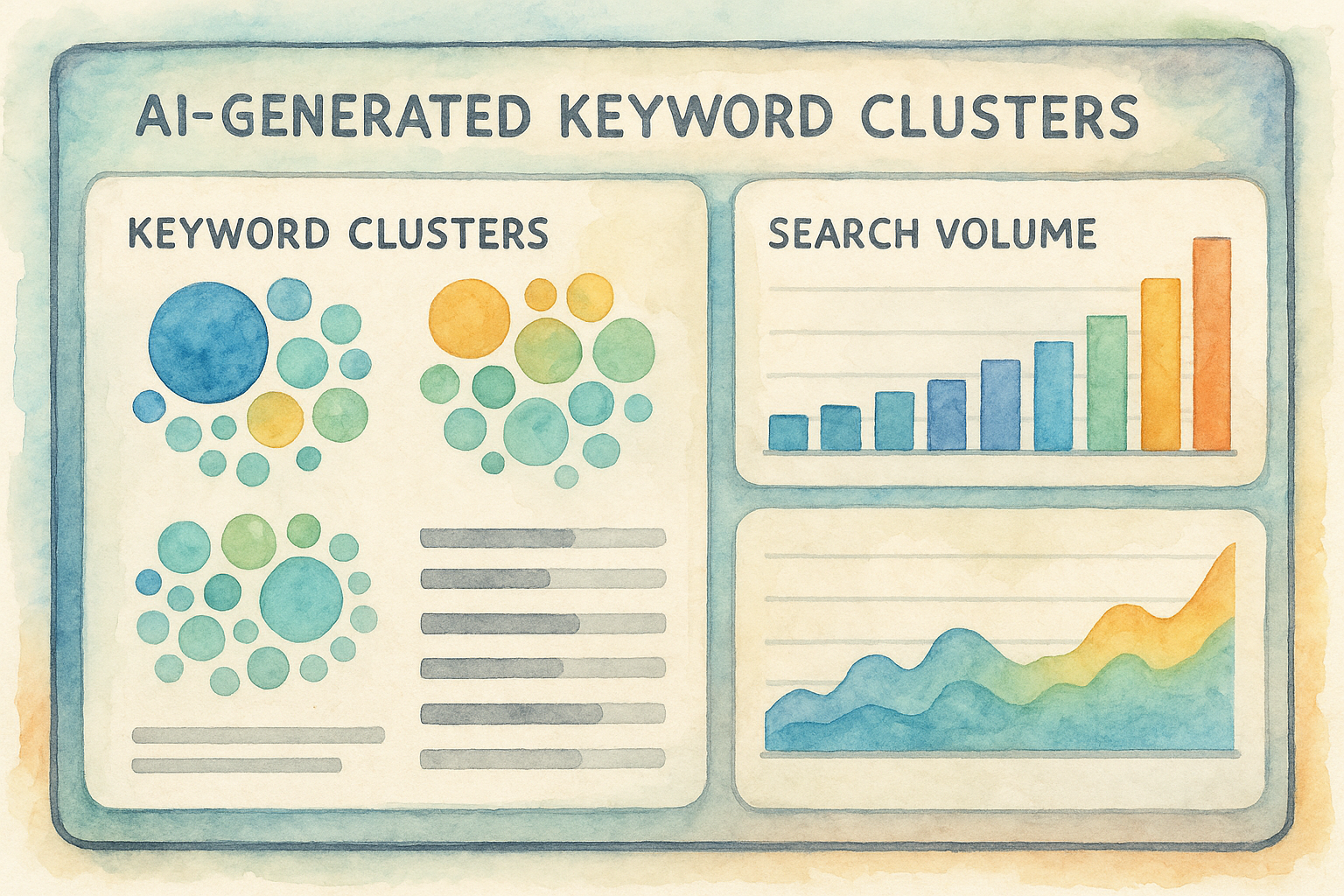 A futuristic dashboard showing AI‑generated keyword clusters and search volume graphs. Alt: Automated keyword research with AI dashboard displaying clusters and metrics.