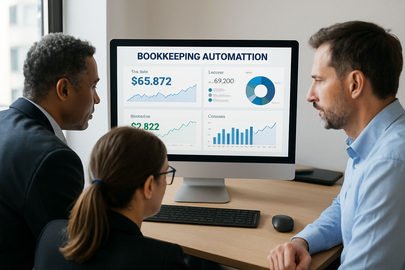 A cheerful finance team collaborating in front of multiple screens displaying automated bookkeeping data. Alt: Bookkeeping automation empowering finance teams for strategic growth.