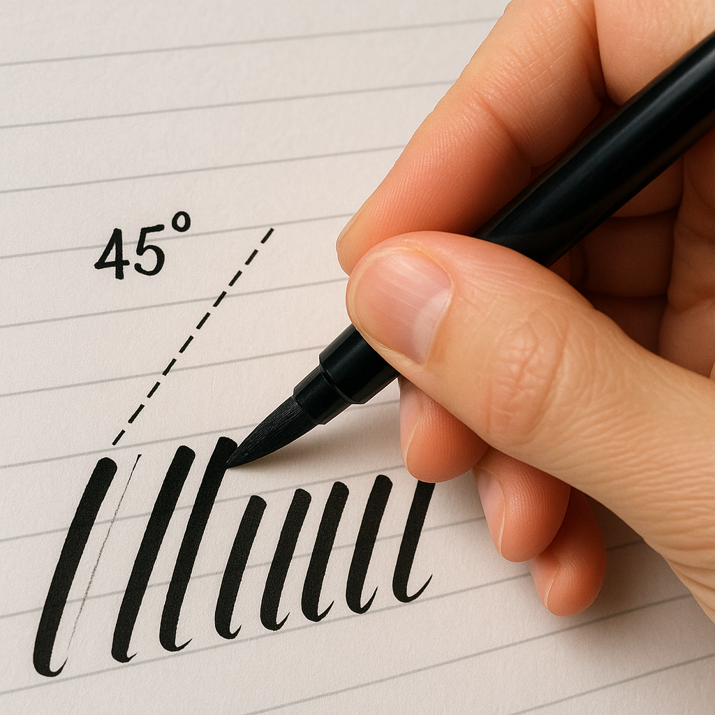 Close-up of hand holding brush pen at a 45-degree angle practicing strokes. Alt: Brush lettering tutorial showing proper pen grip and angle for clean calligraphy strokes.