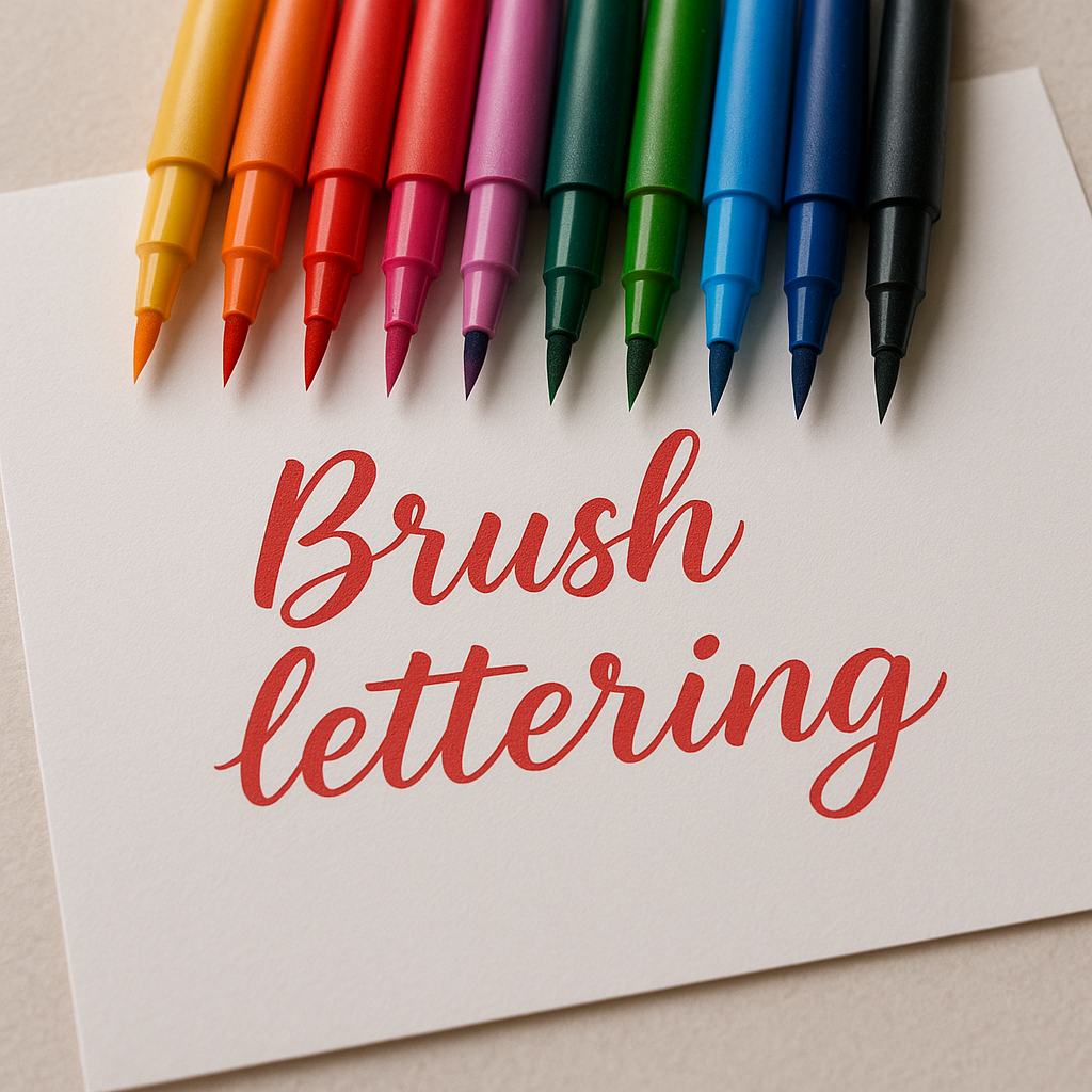 Palette of colorful brush pens on smooth white art paper ready for use. Alt: Brush lettering tutorial showcasing essential supplies including brush pens and quality paper for calligraphy.