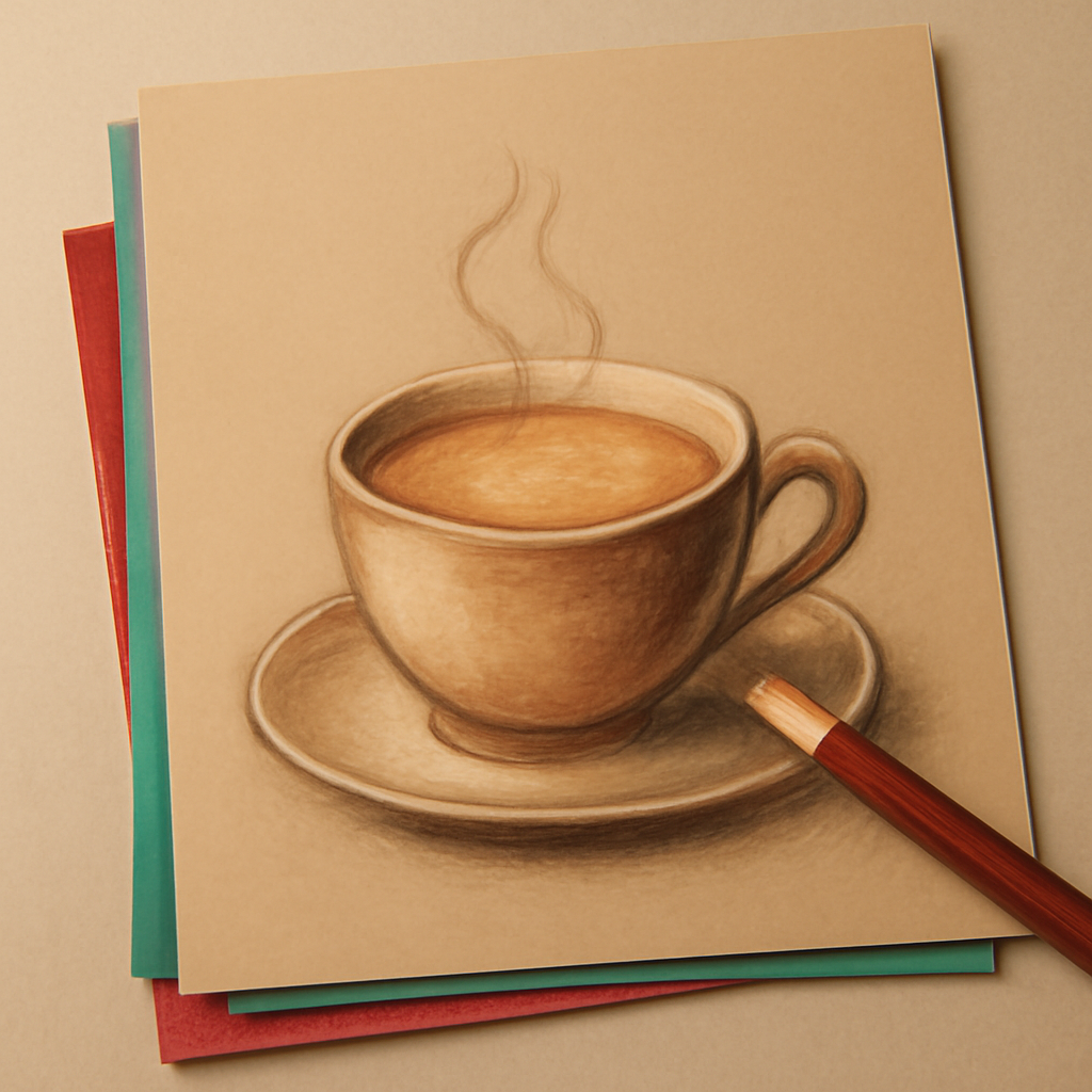 A stack of colored pencil sheets on a neutral-toned paper background, with a sketch of a steaming cup of chai in progress. Alt: Toned paper for colored pencil drawing
