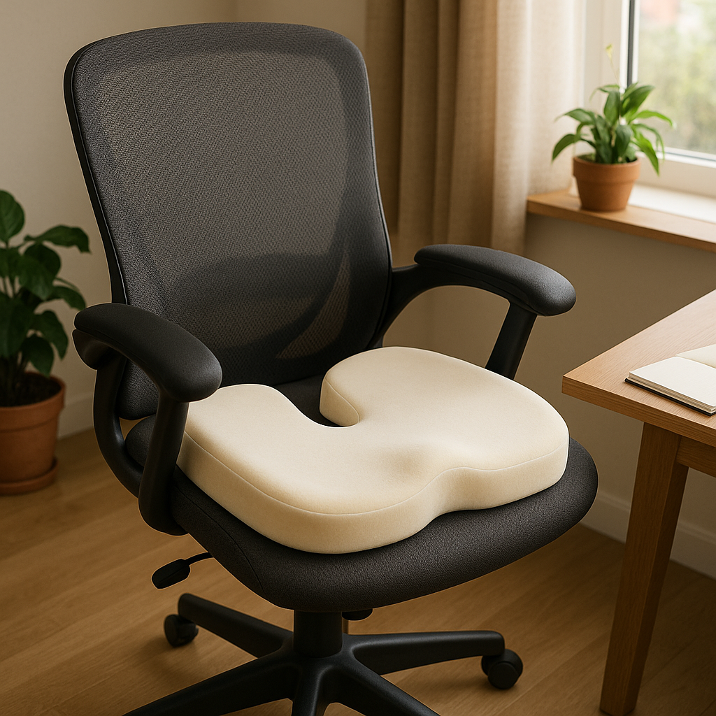 A cozy ergonomic office chair with a memory foam seat cushion in clear view. Alt: memory foam seat cushion on ergonomic office chair
