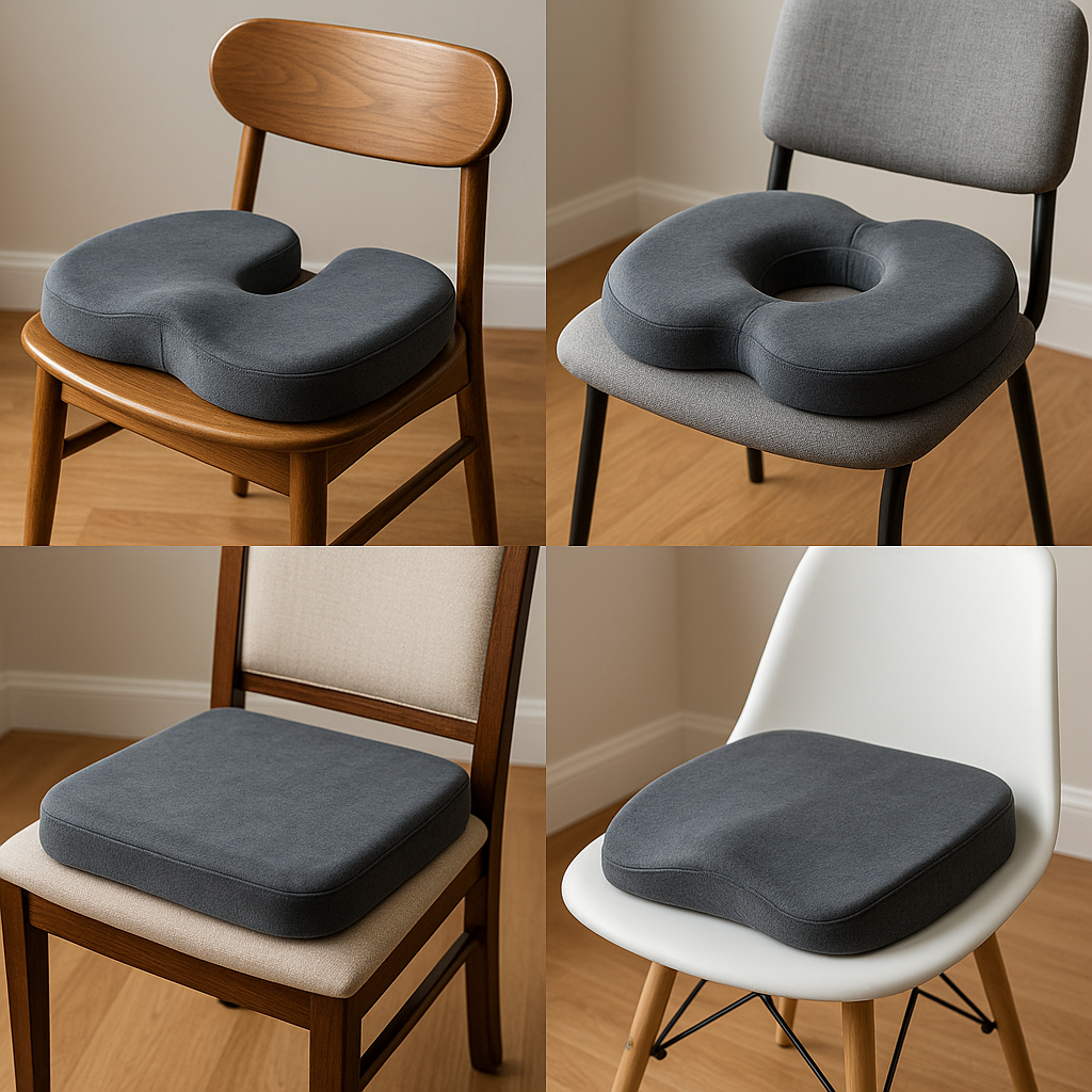 A selection of memory foam seat cushions in various sizes and shapes displayed on different chairs. Alt: variety of memory foam seat cushions on chairs
