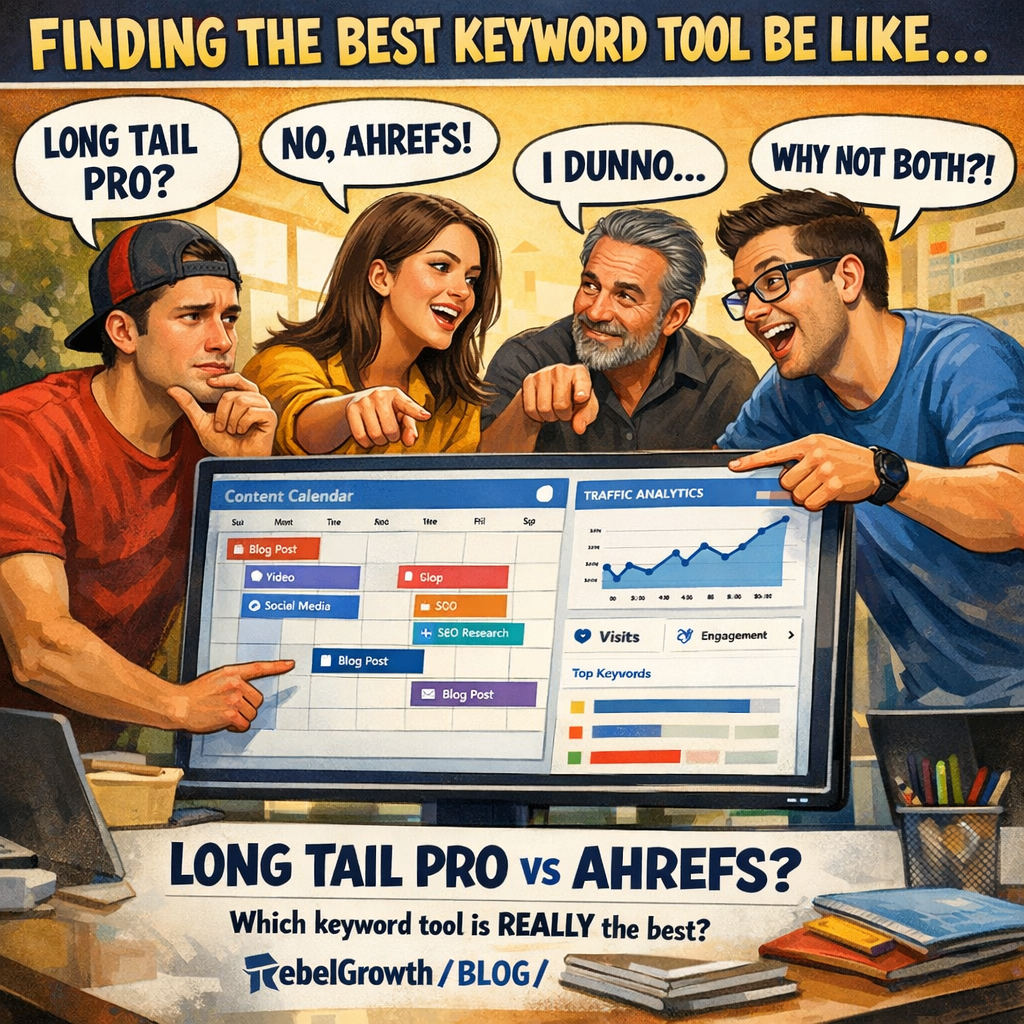 A vibrant illustration of a marketing team collaborating around a digital dashboard that displays content calendars and audience metrics. Alt: Team working on content planning dashboard