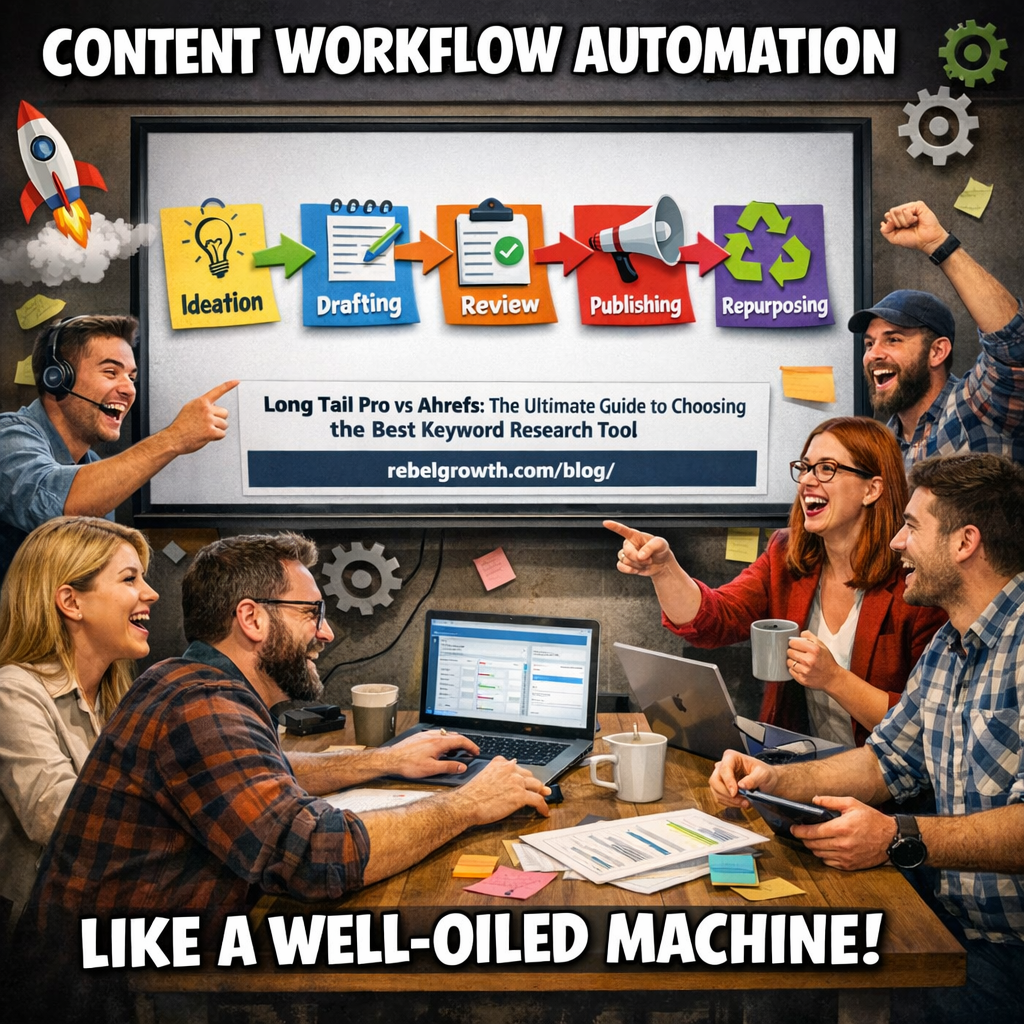 A bustling digital marketing team around a large screen displaying a workflow diagram, with animated arrows moving between stages like ideation, drafting, review, publishing, and repurposing. Alt: Workflow automation for content production.
