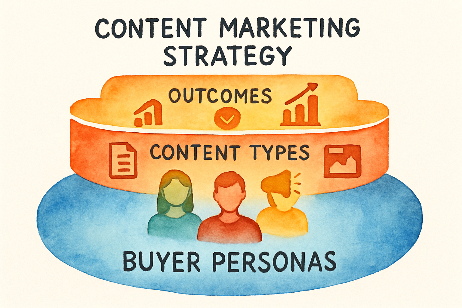 An AI generated graphic illustrating layered content marketing strategy approach showing buyer personas, content types, and outcomes. Alt: Content marketing strategy layered framework visual